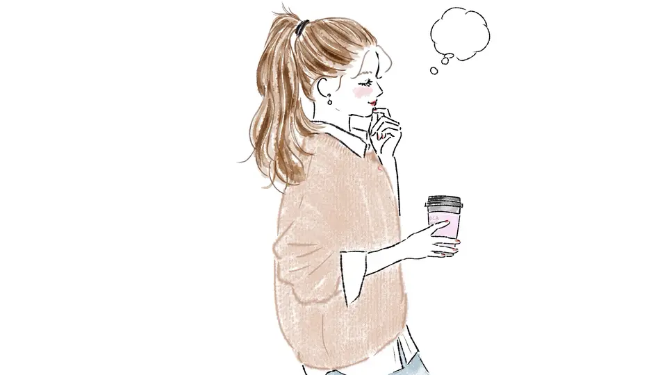 手をあごに考えるポニテ女性 吹き出し