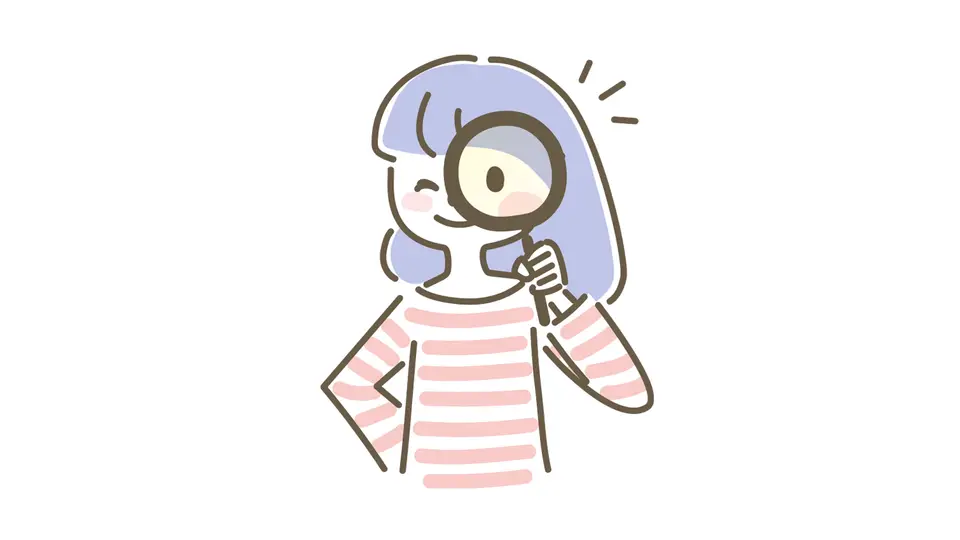 虫めがねでのぞく手描き笑顔女性イラスト