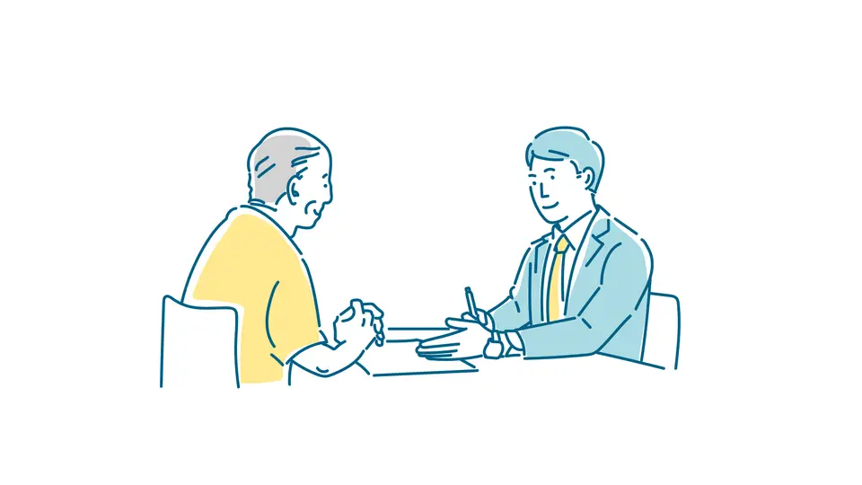 窓口で相談するシニアの男性イラスト